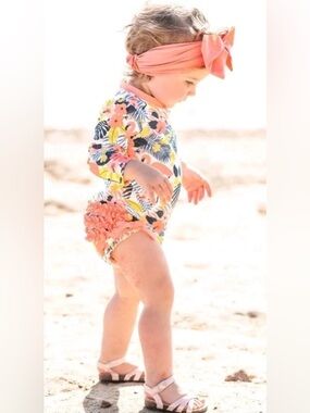 Ruffle Butts Girl’s 12 18 Months UPF 50+ Zip One Piece Swimsuit Flamingos Floral